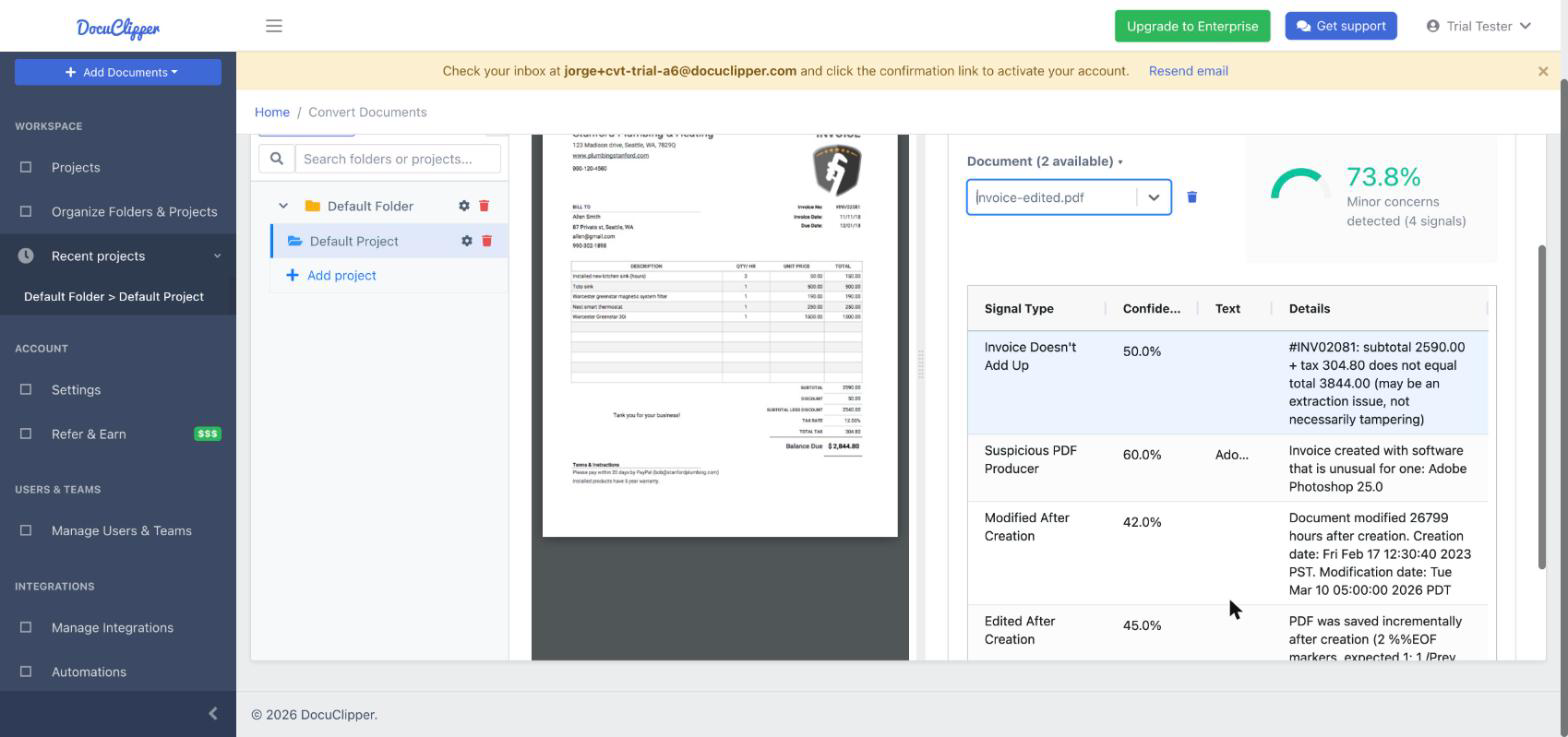 DocuClipper Fraud Detection tab on an invoice: a 73.8% authenticity score with four signals - the invoice does not add up, it was produced by Adobe Photoshop, it was modified long after creation, and it was edited after it was first saved
