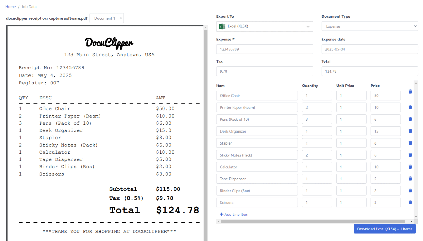 DocuClipper receipt scanning dashboard showing extracted merchant, date, tax, and total from uploaded receipts
