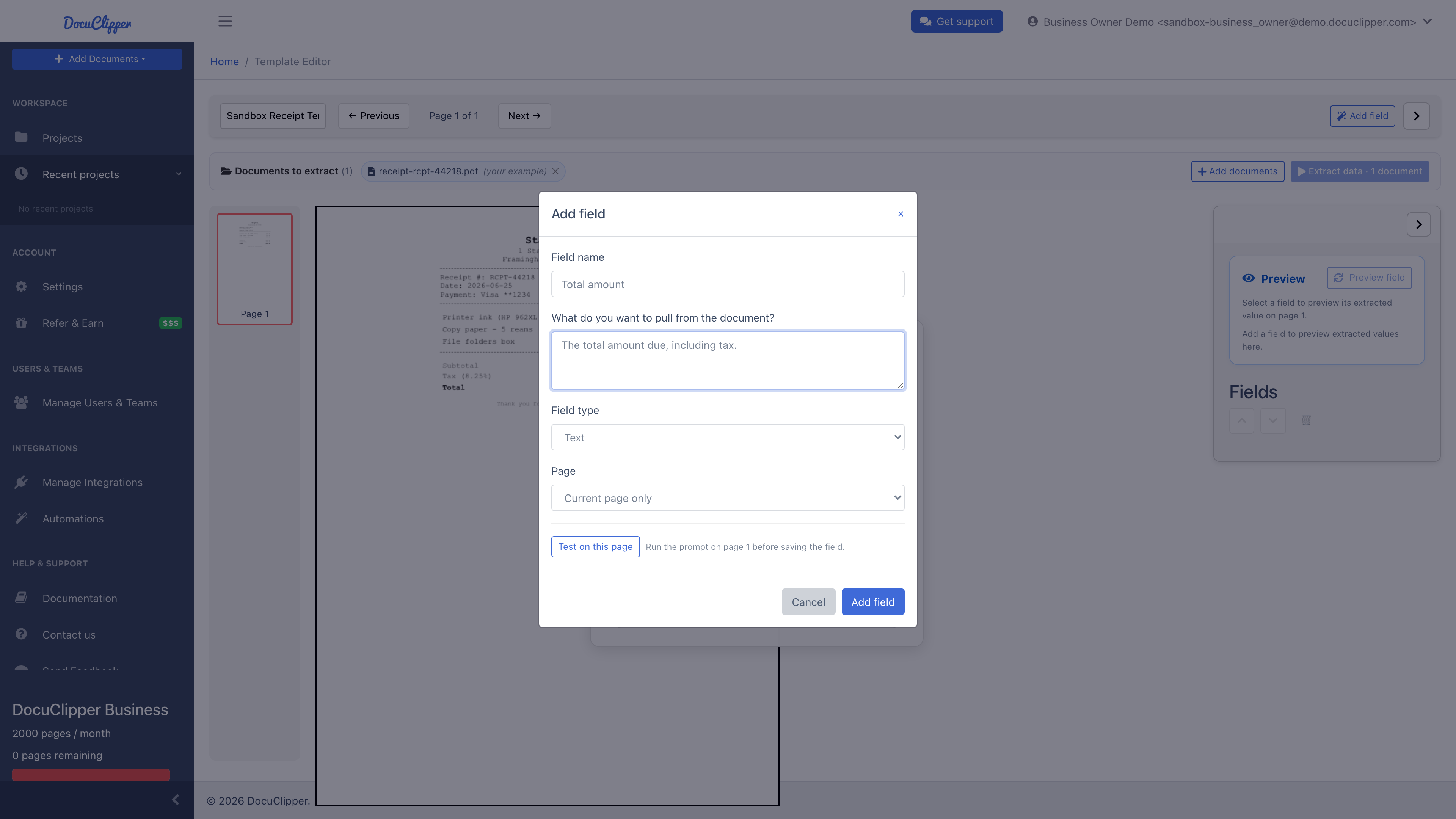 Custom-template editor showing the sample PDF, a plain-English field definition, and the Preview panel