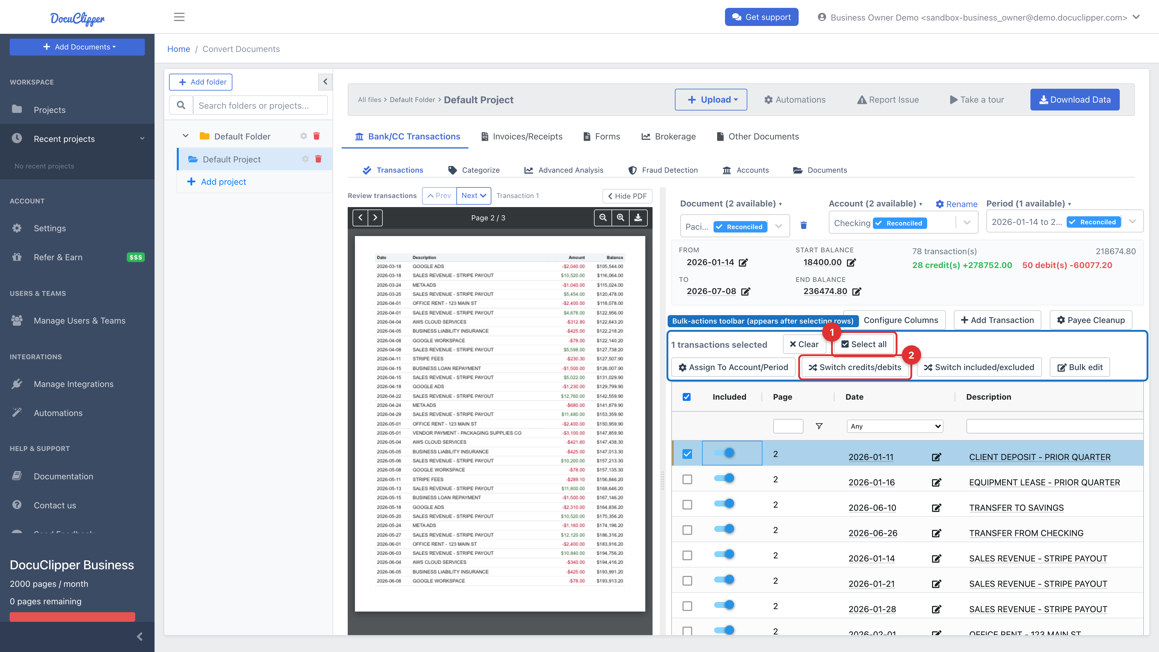 The bulk-actions toolbar with Select all and Switch credits/debits