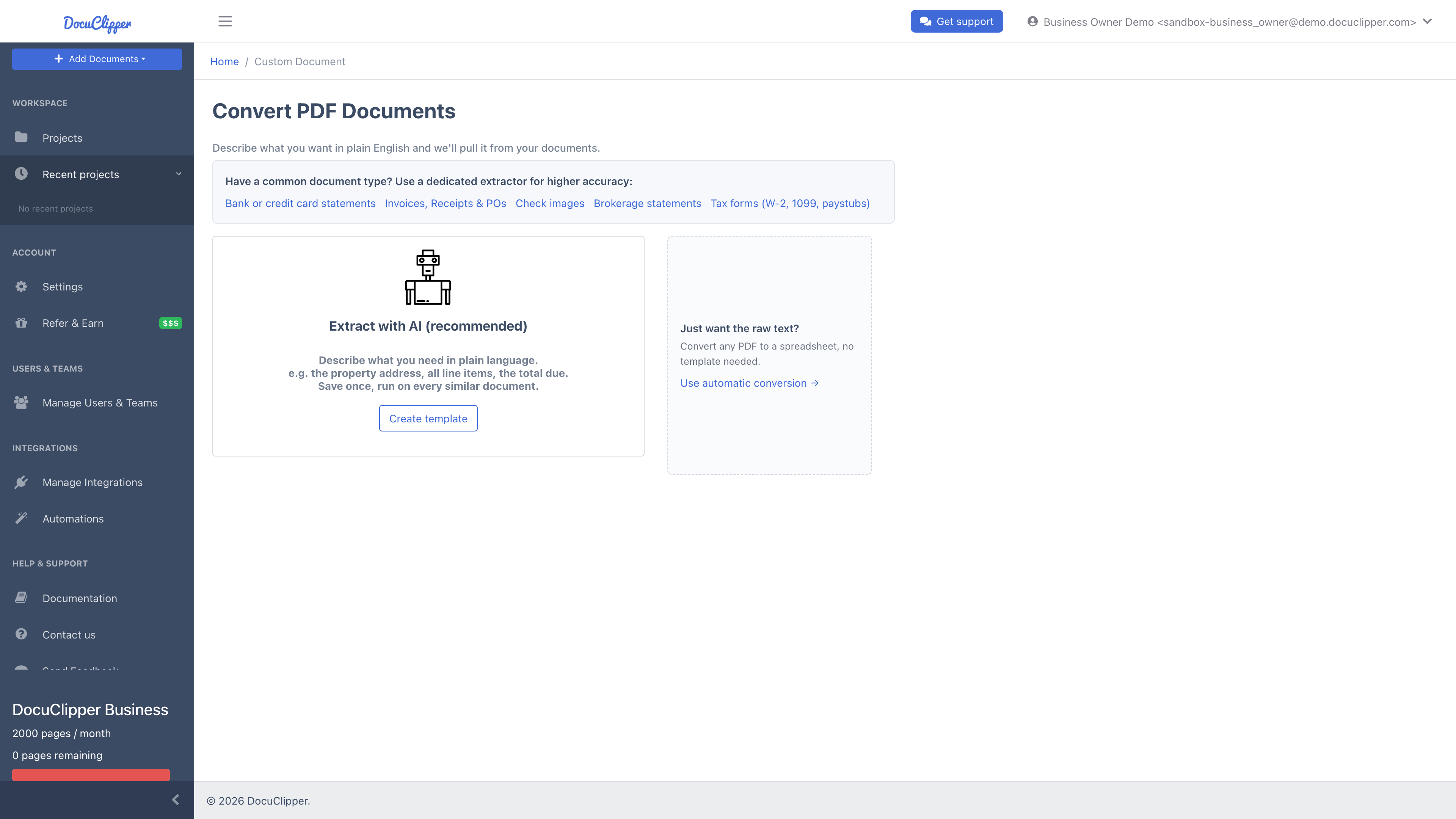 Convert PDF Documents page with the Extract with AI (recommended) card
