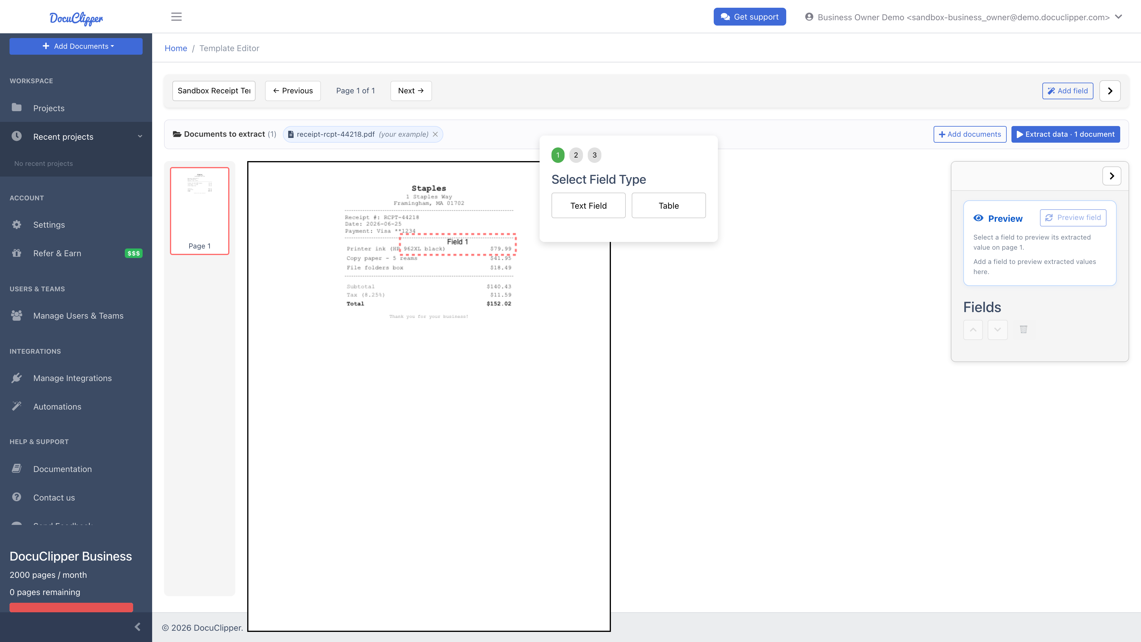 Rectangle-mode field: a box drawn on the sample page with the Select Field Type picker and the Preview panel