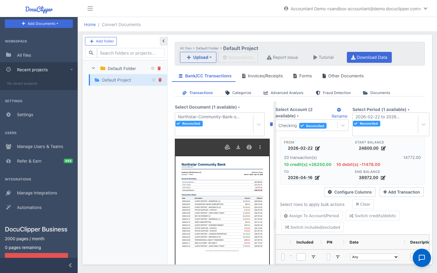 Add Documents dropdown with Bank/CC Statements highlighted