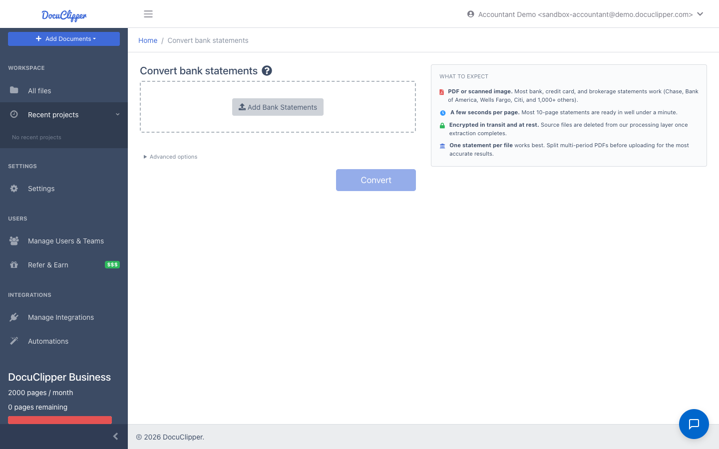 Upload area for bank statements
