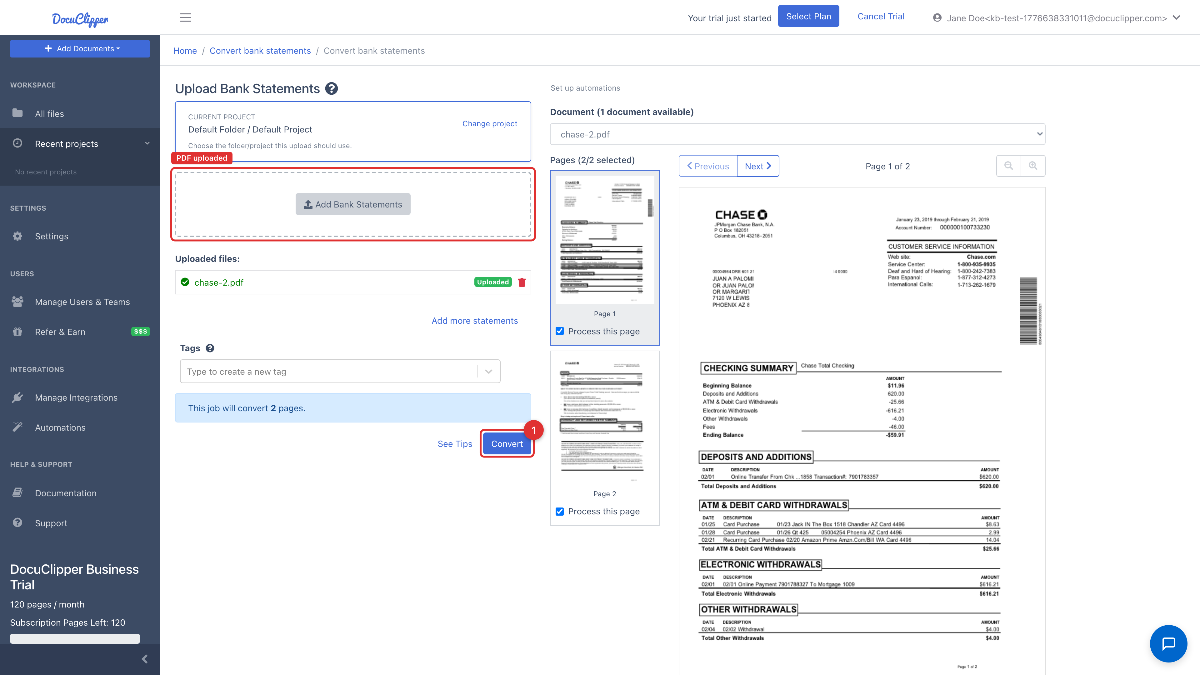 Ready to convert, one file uploaded, Convert button highlighted