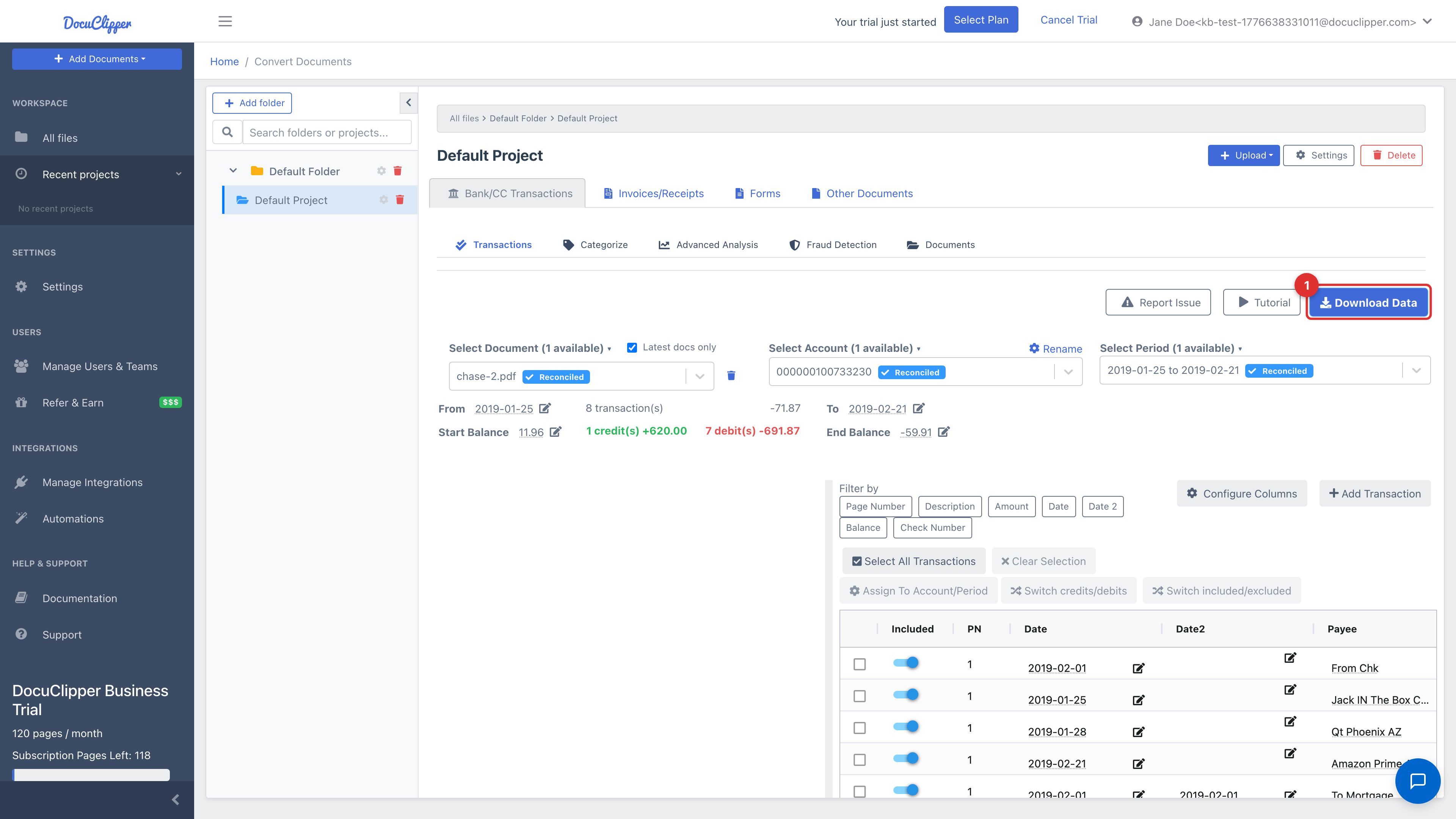 Download Data button in the Transactions view