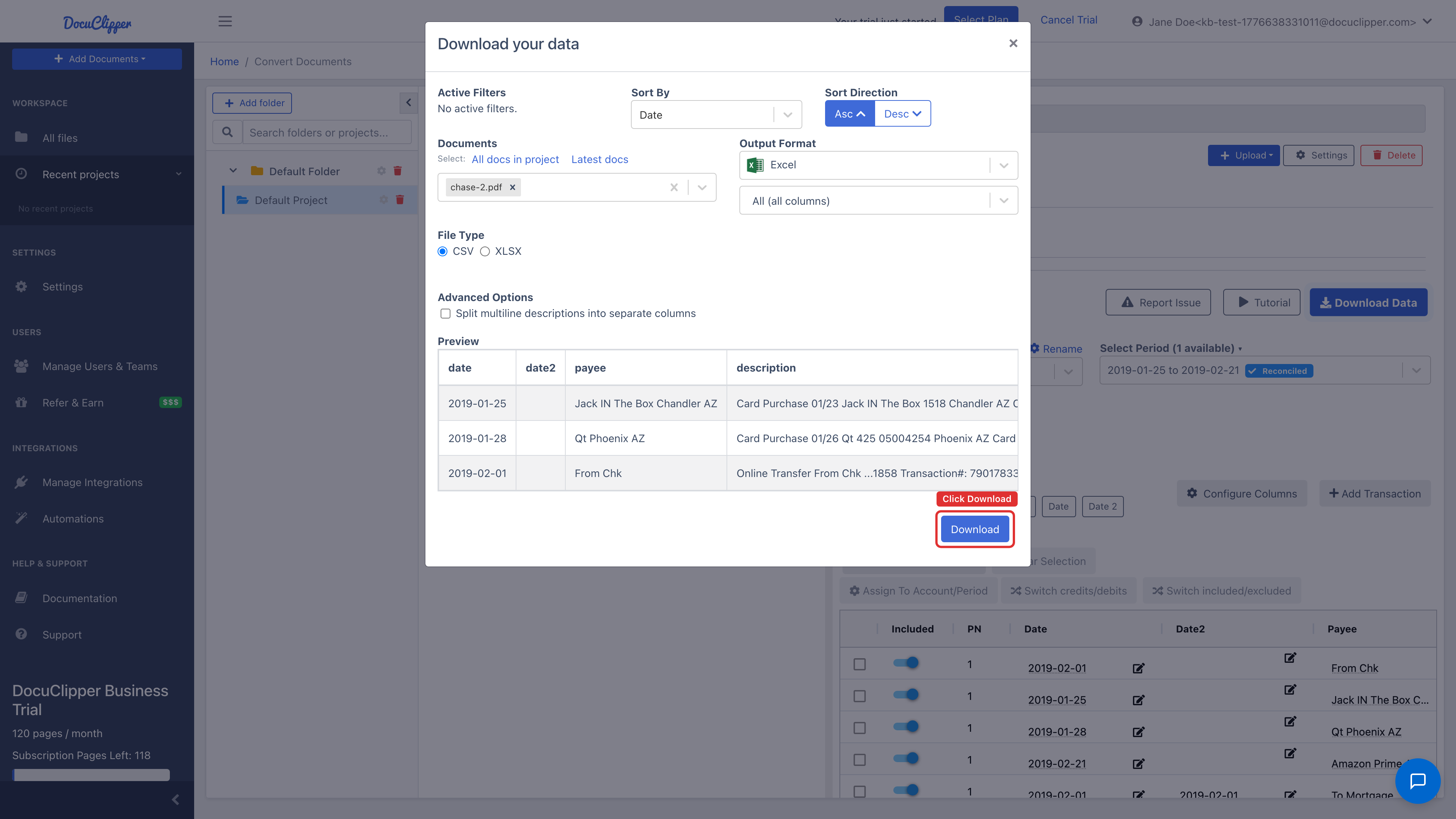 Download dialog with export options
