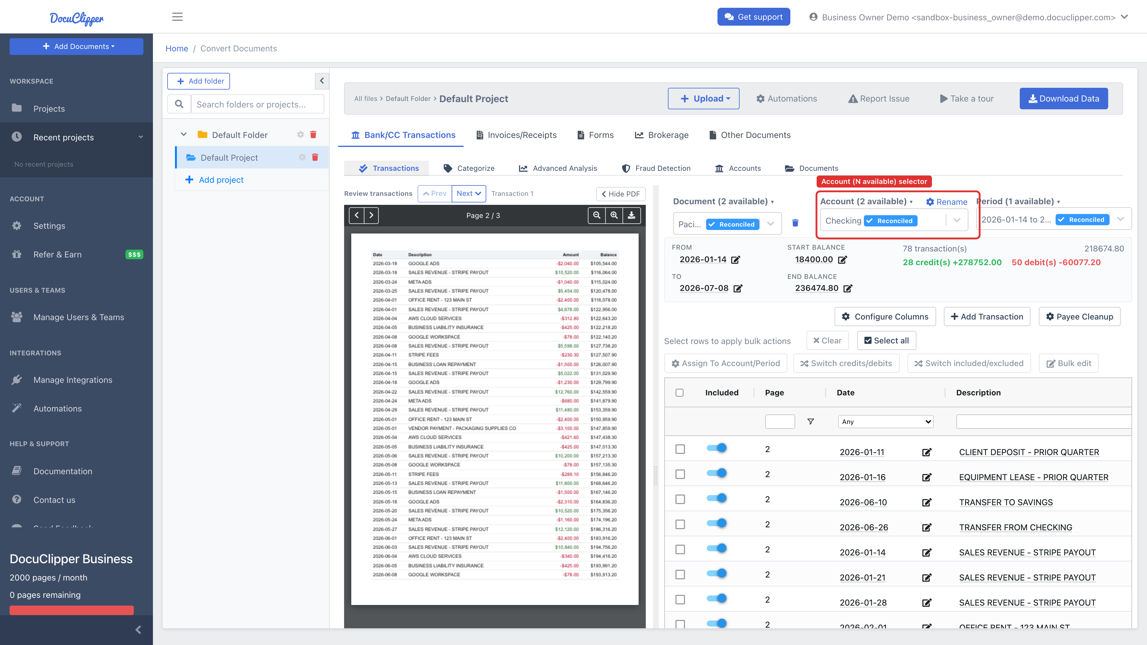The Account (N available) selector in the Transactions view, used to switch between the accounts detected in the statement