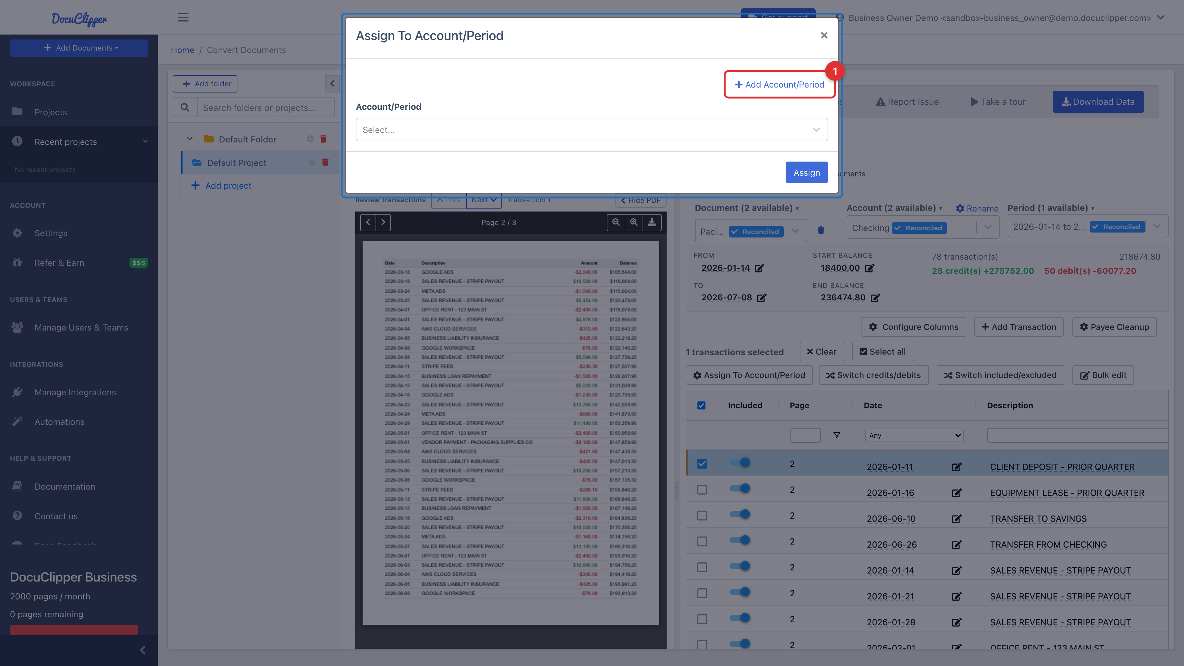 The Assign To Account/Period modal with an Account/Period selector and the Add Account/Period link for creating a new account