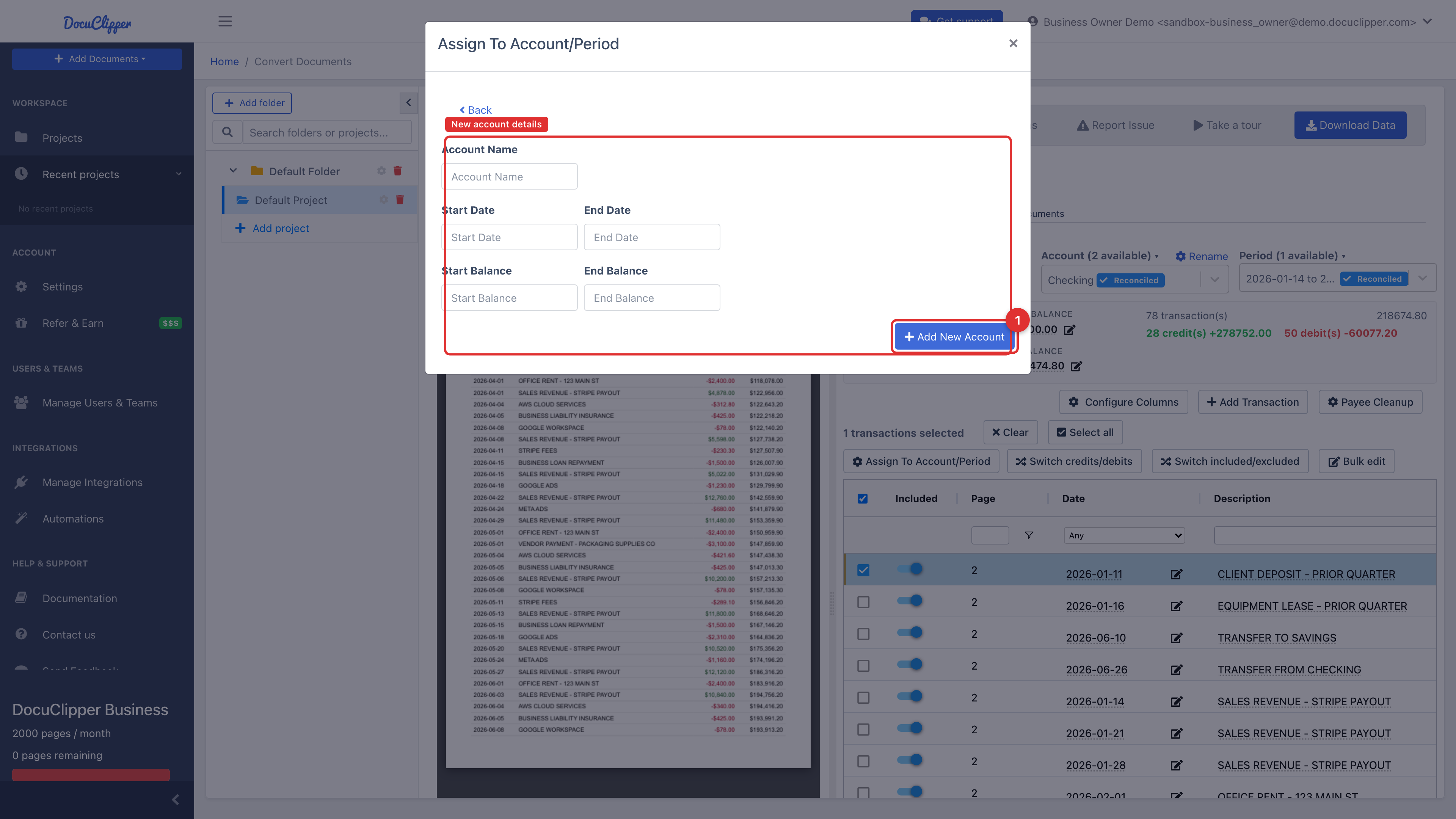 The Add New Account form with fields for Account Name, Start Date, End Date, Start Balance, and End Balance, and the Add New Account button