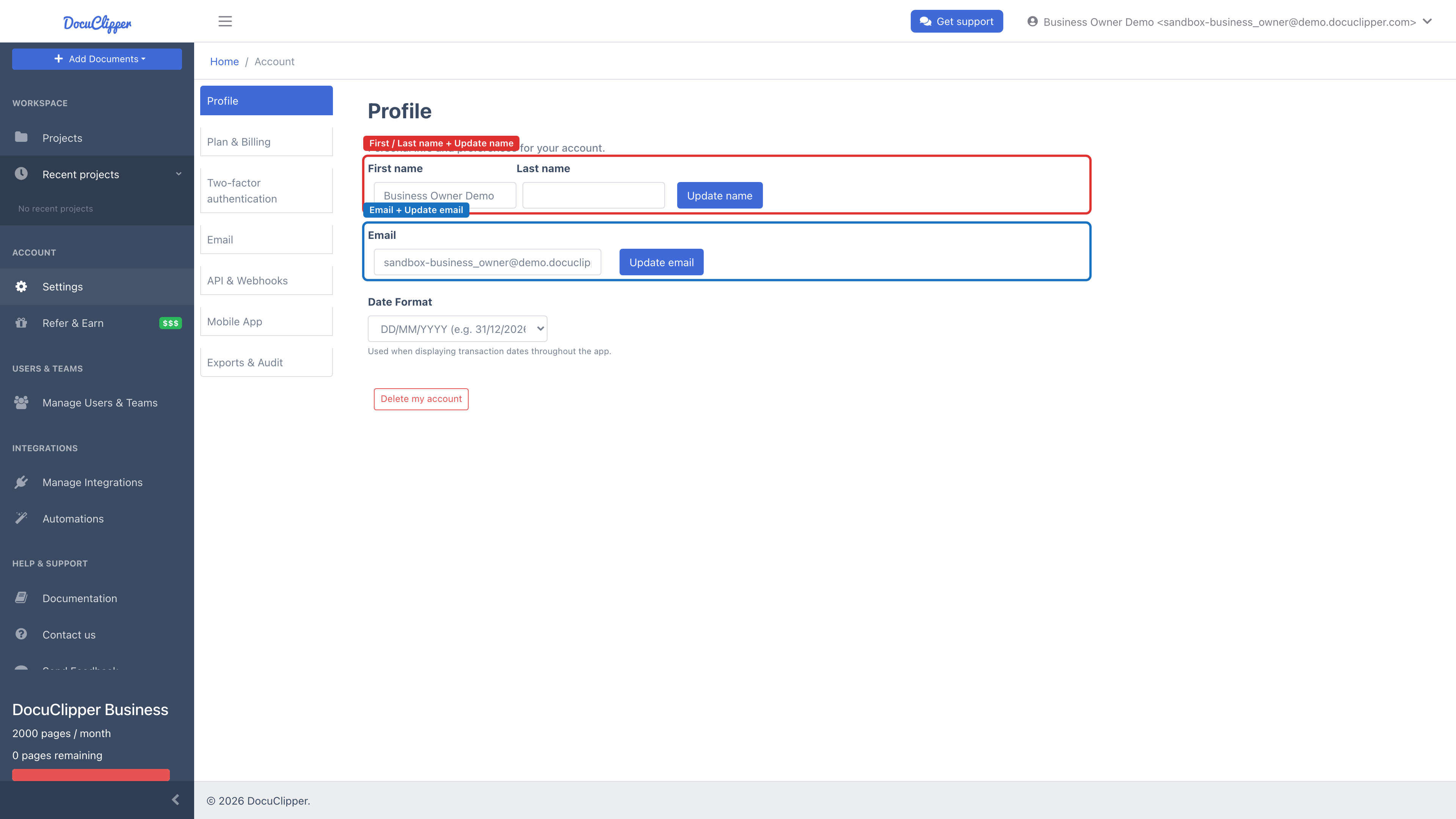 Profile section with First and Last name fields plus Update name, and the Email field plus Update email