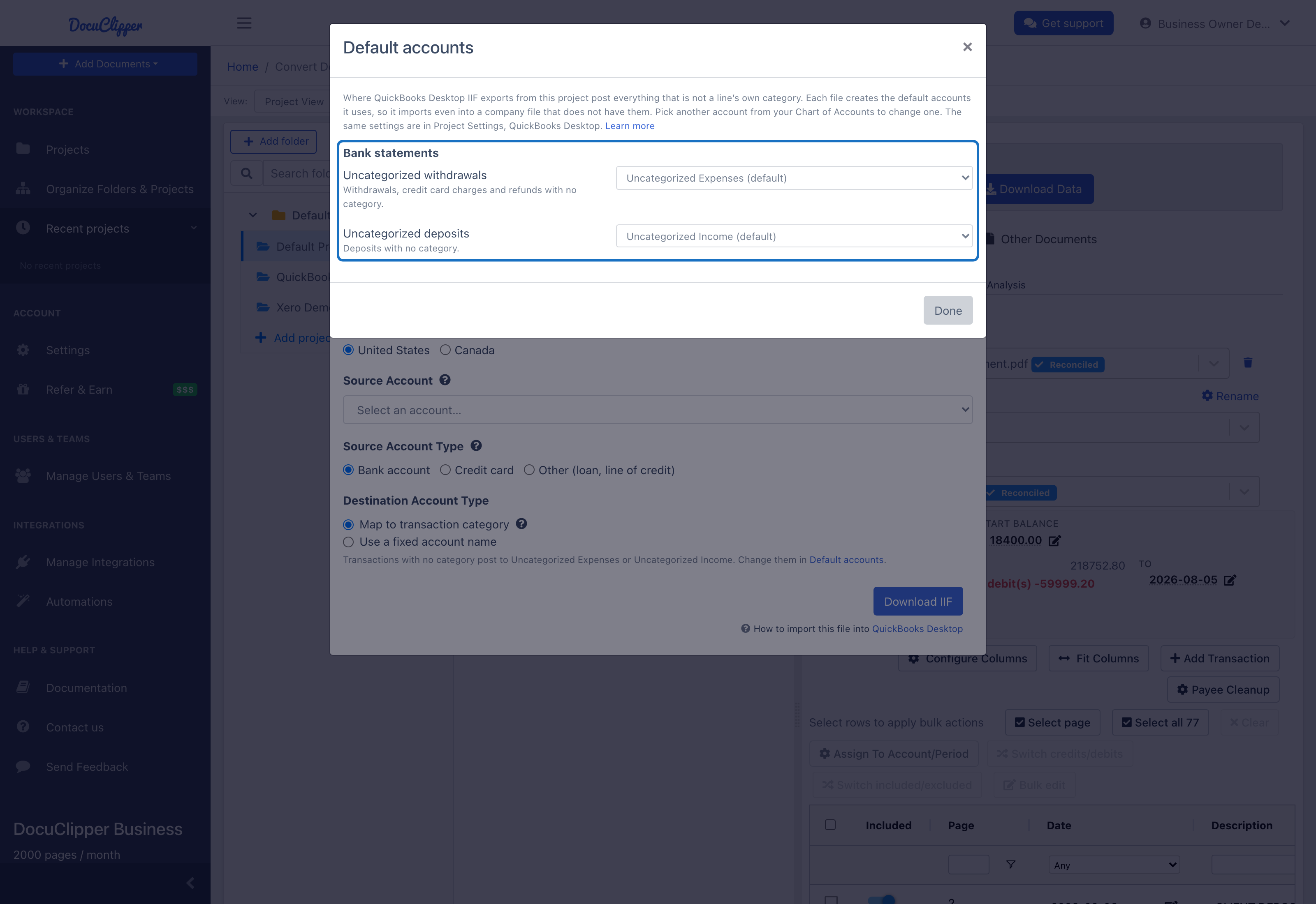 Default accounts window opened over the IIF download panel: a Bank statements section with Uncategorized withdrawals set to Uncategorized Expenses (default) and Uncategorized deposits set to Uncategorized Income (default), each a dropdown of the Chart of Accounts, and a Done button