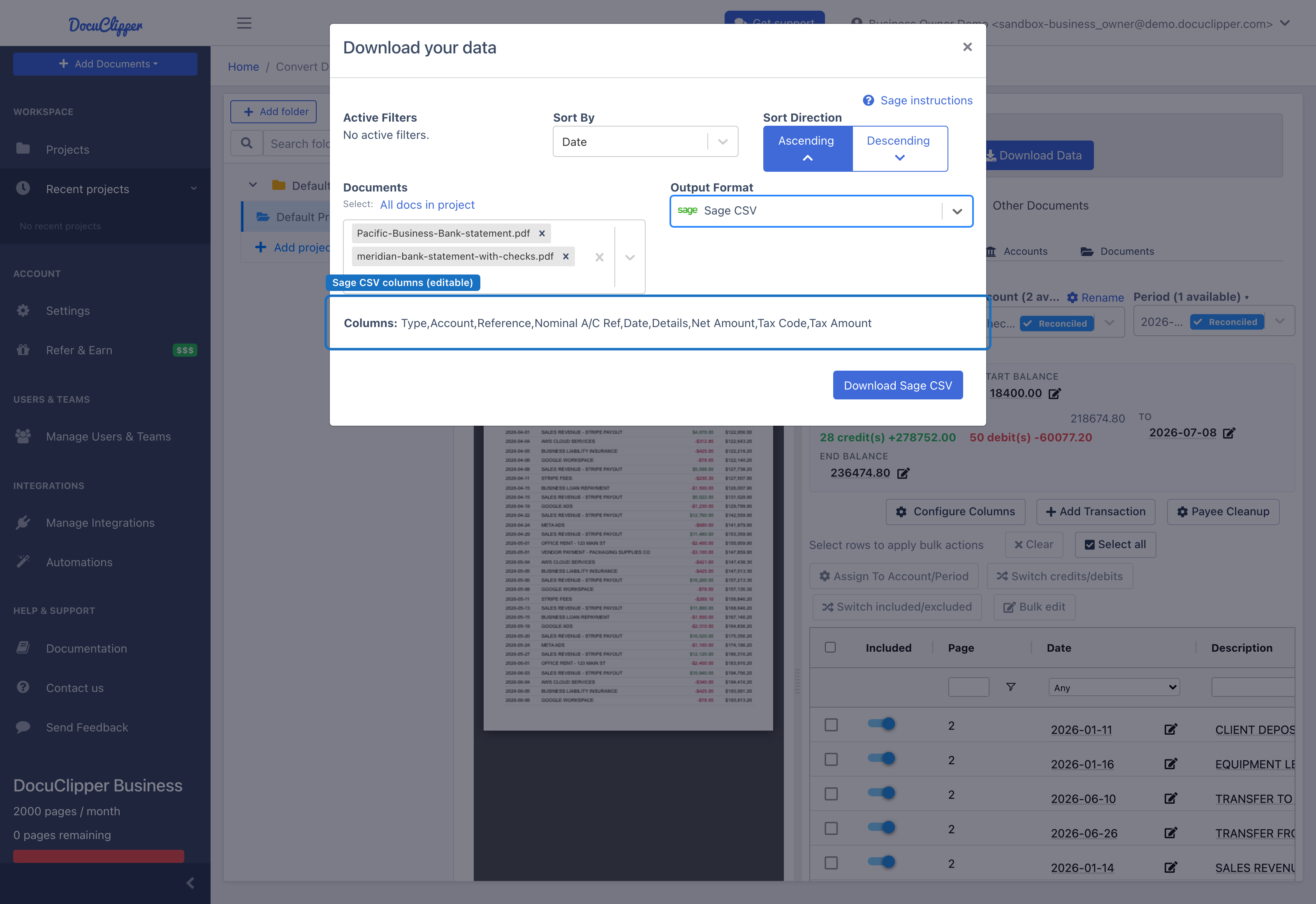 Download Data modal with Output Format set to Sage CSV, showing the editable Sage column-name list