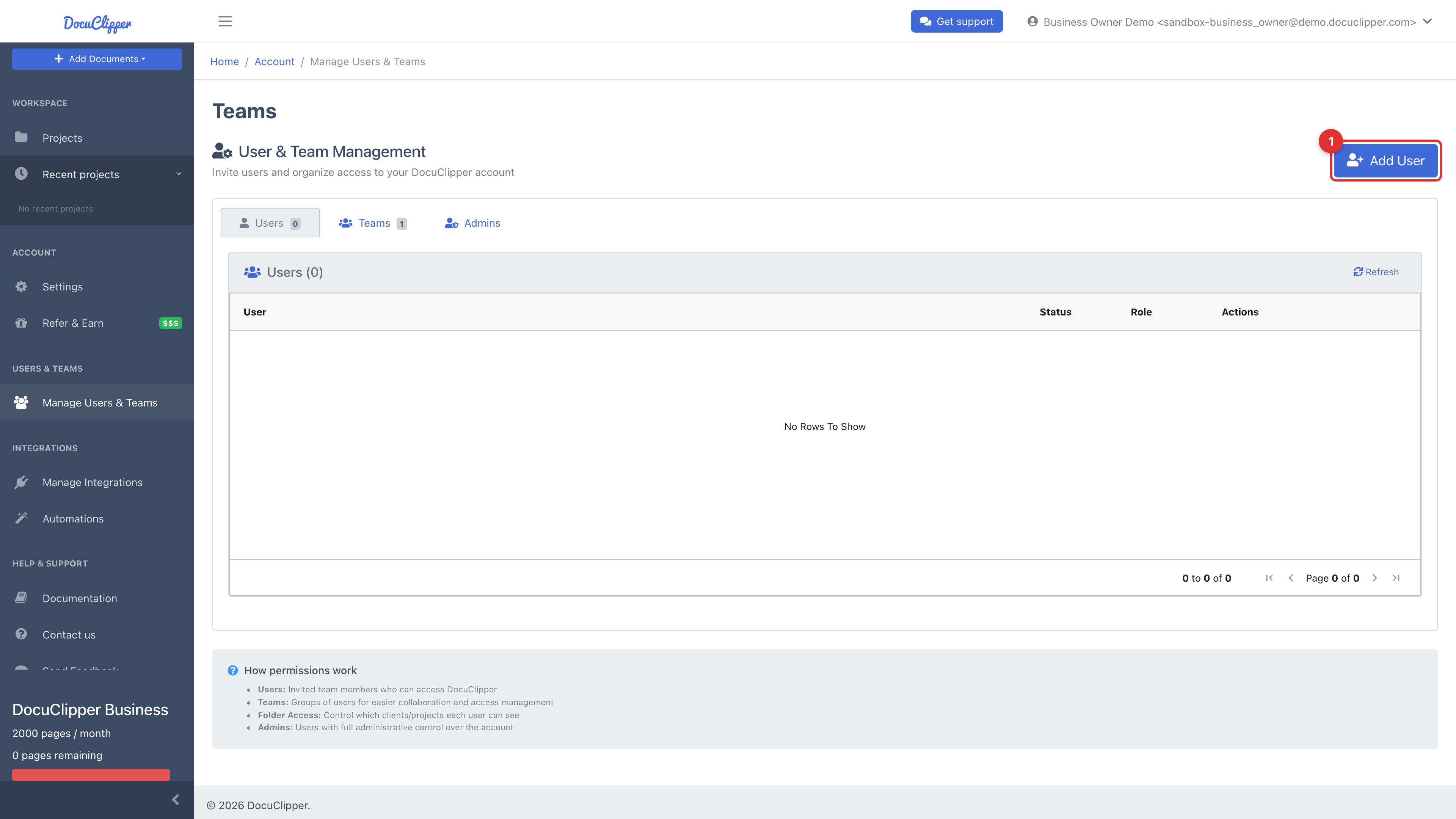 Users & Teams page with the Add User button highlighted