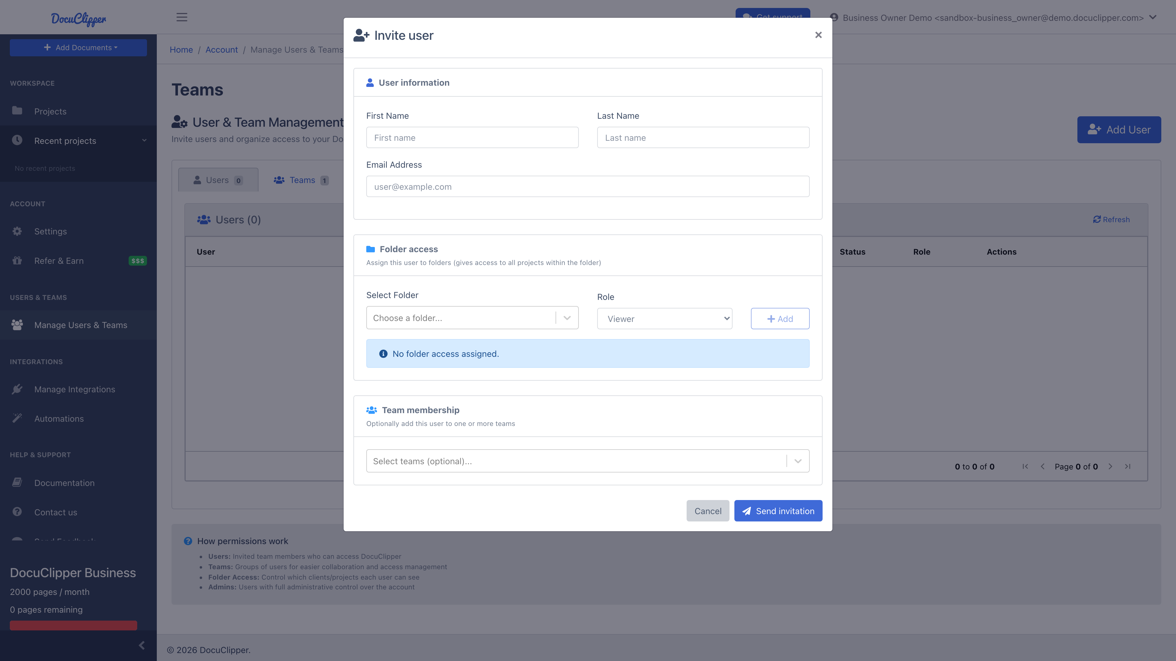 Invite User modal showing the name, email, and optional team picker