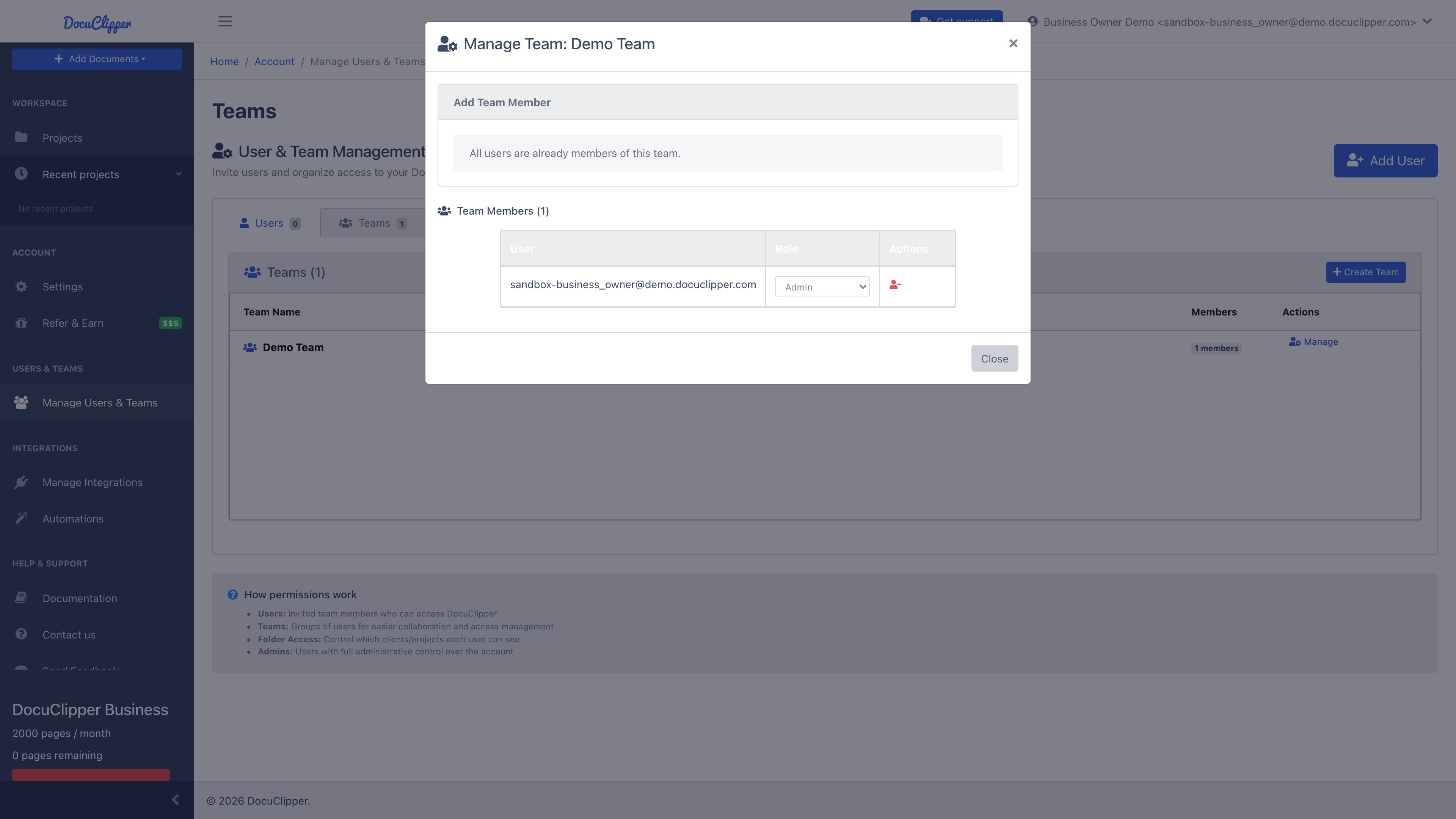 Team detail panel with Add Member and member list