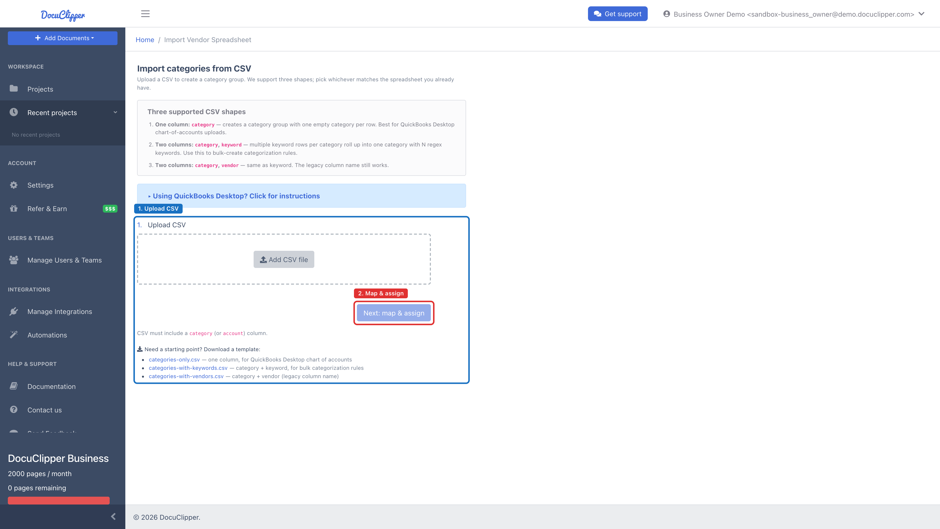 The Import categories from CSV upload screen, where you add your CSV file before mapping its columns