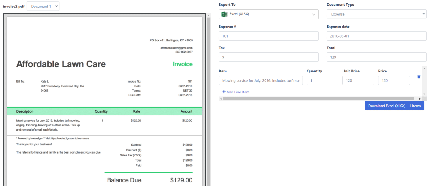 Invoice OCR software — extracted invoice data interface