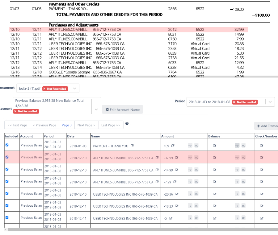 Bank statement reconciliation — conversion accuracy check showing matched totals