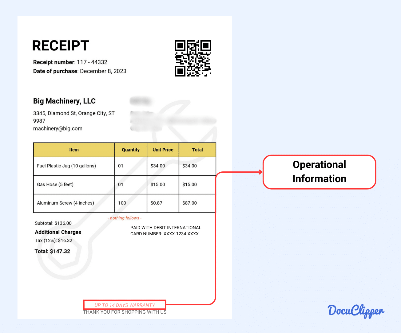 Business and Operational Information of a receipt