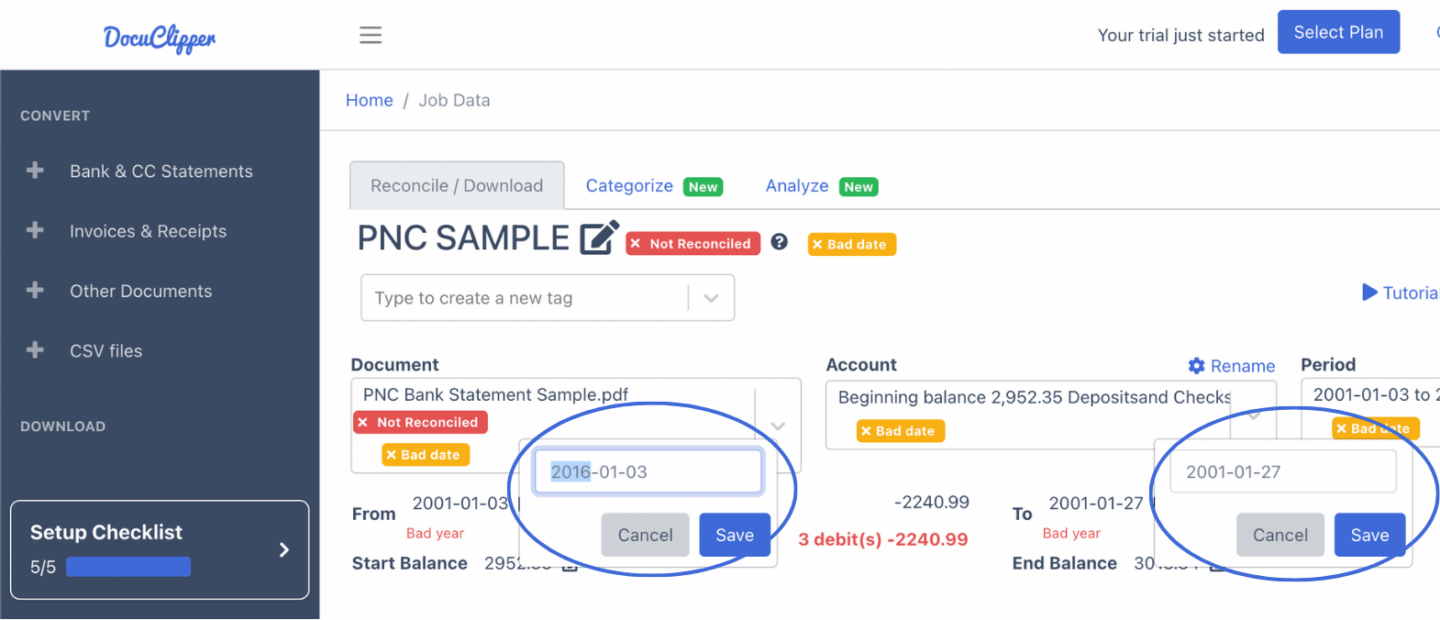 Changing dates in DocuClipper