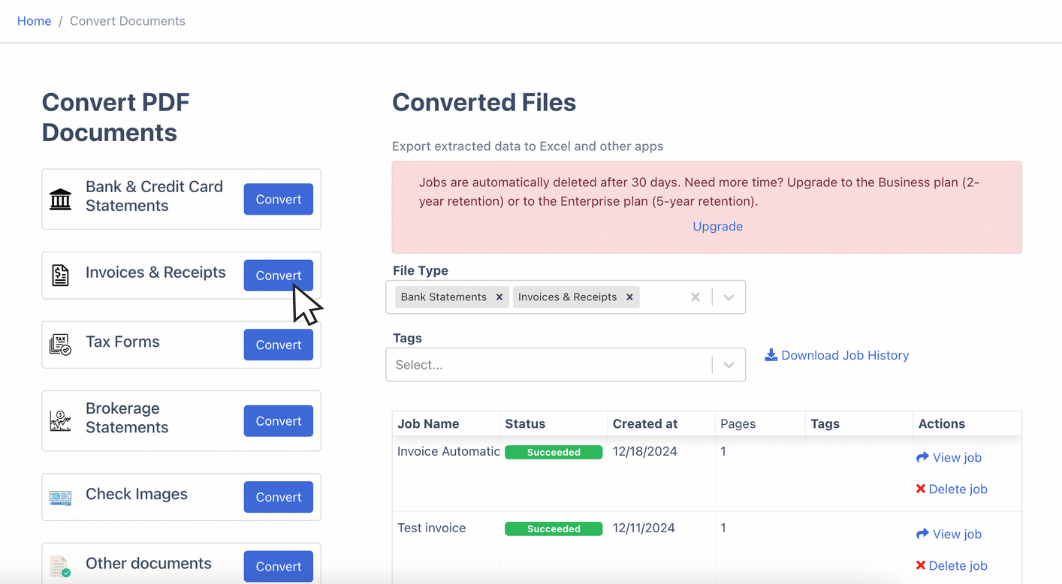 Click Invoice and Receipts Section