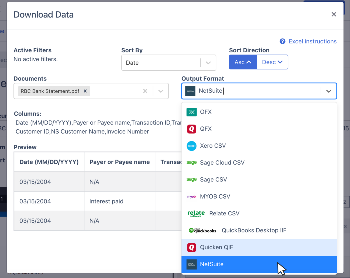 Click NetSuite as CSV format