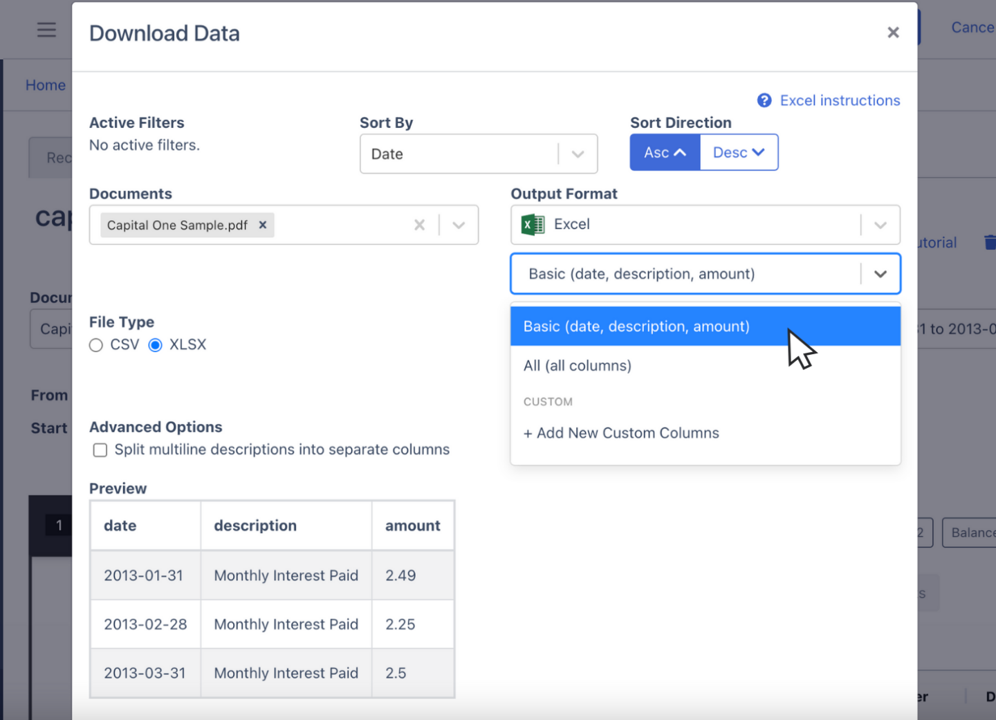 Configure bank statement spreadsheet columns