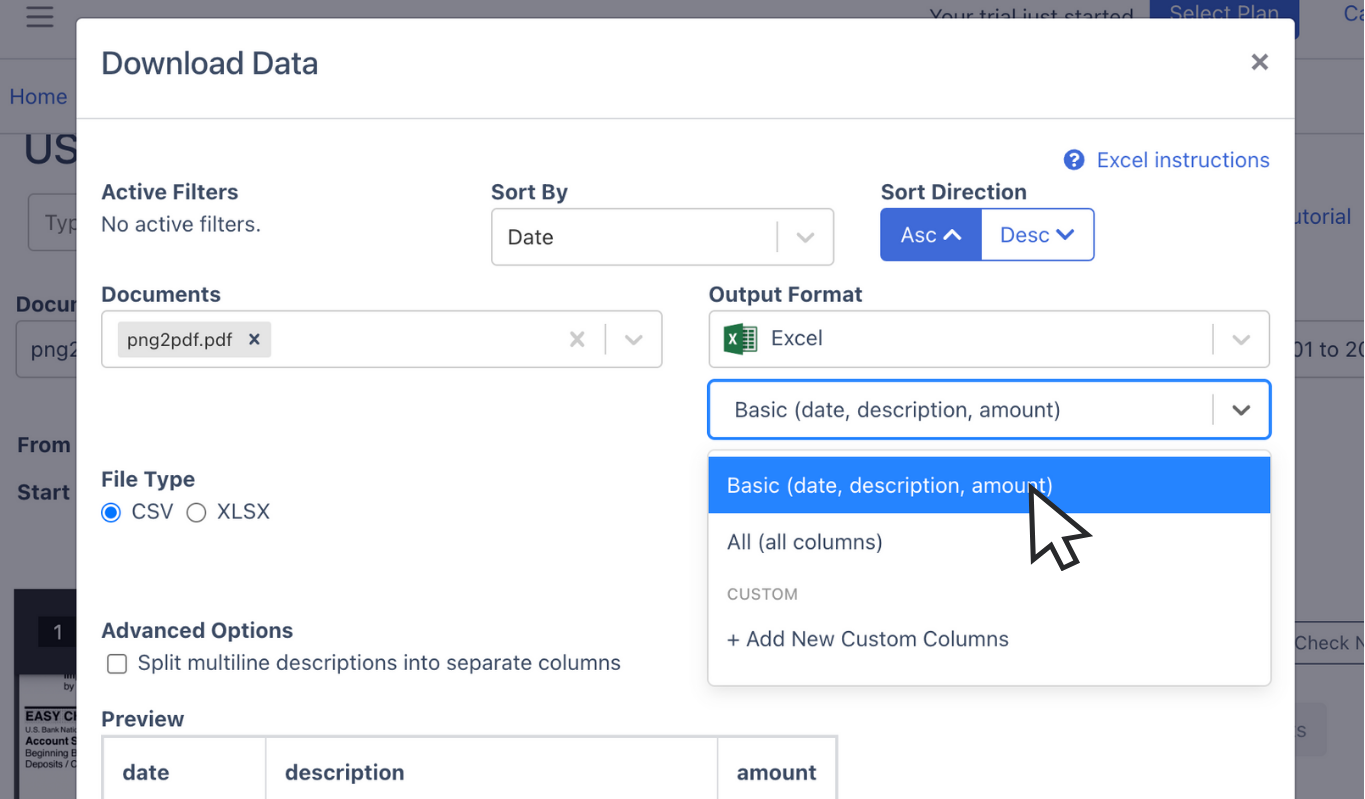 Configure columns of the spreadsheet