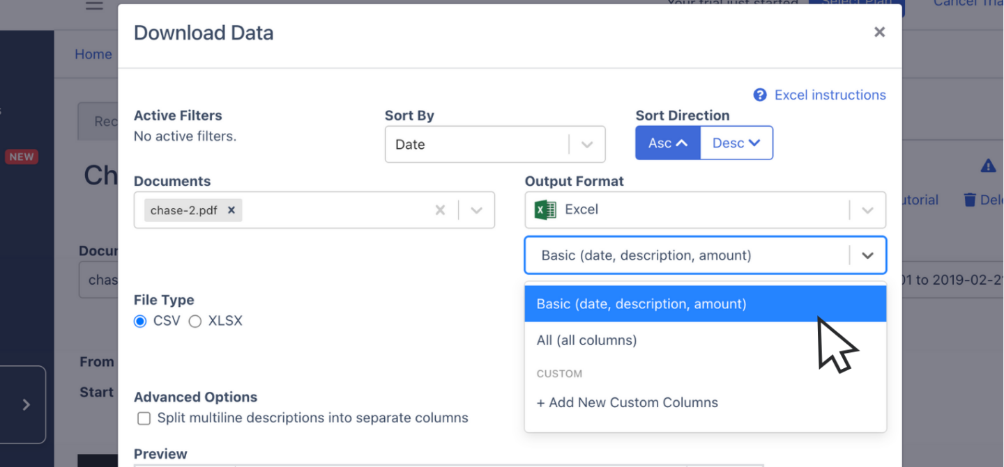 Configure output format of Bank Statement Spreadsheet