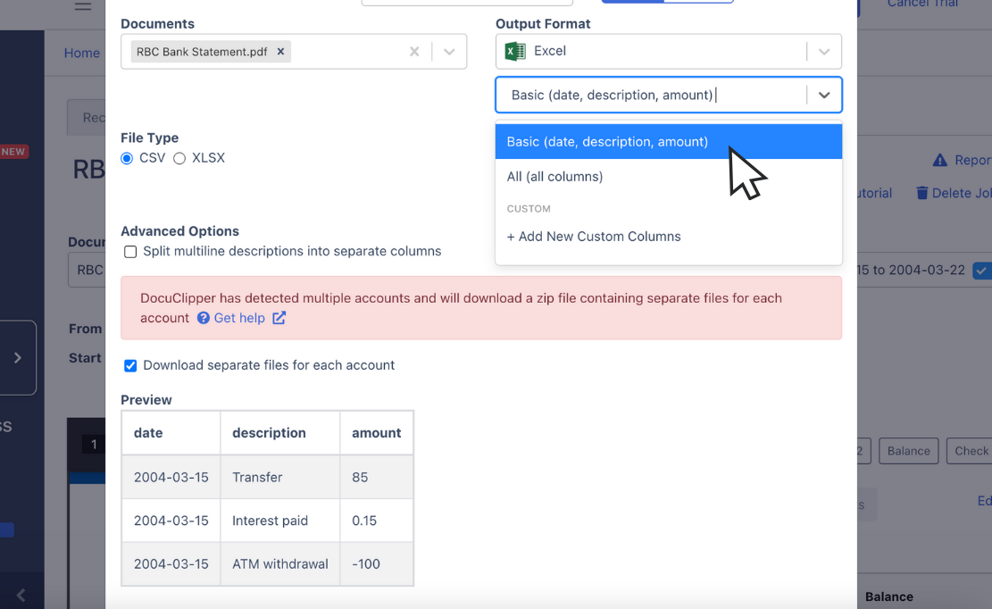 Configure spreadsheet output of RBC bank statementv