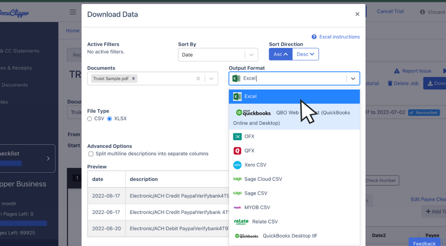 Convert PDF Statement to Excel