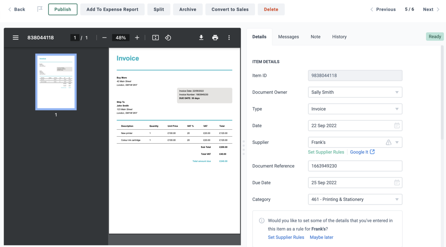 Dext automated Invoice User Interface