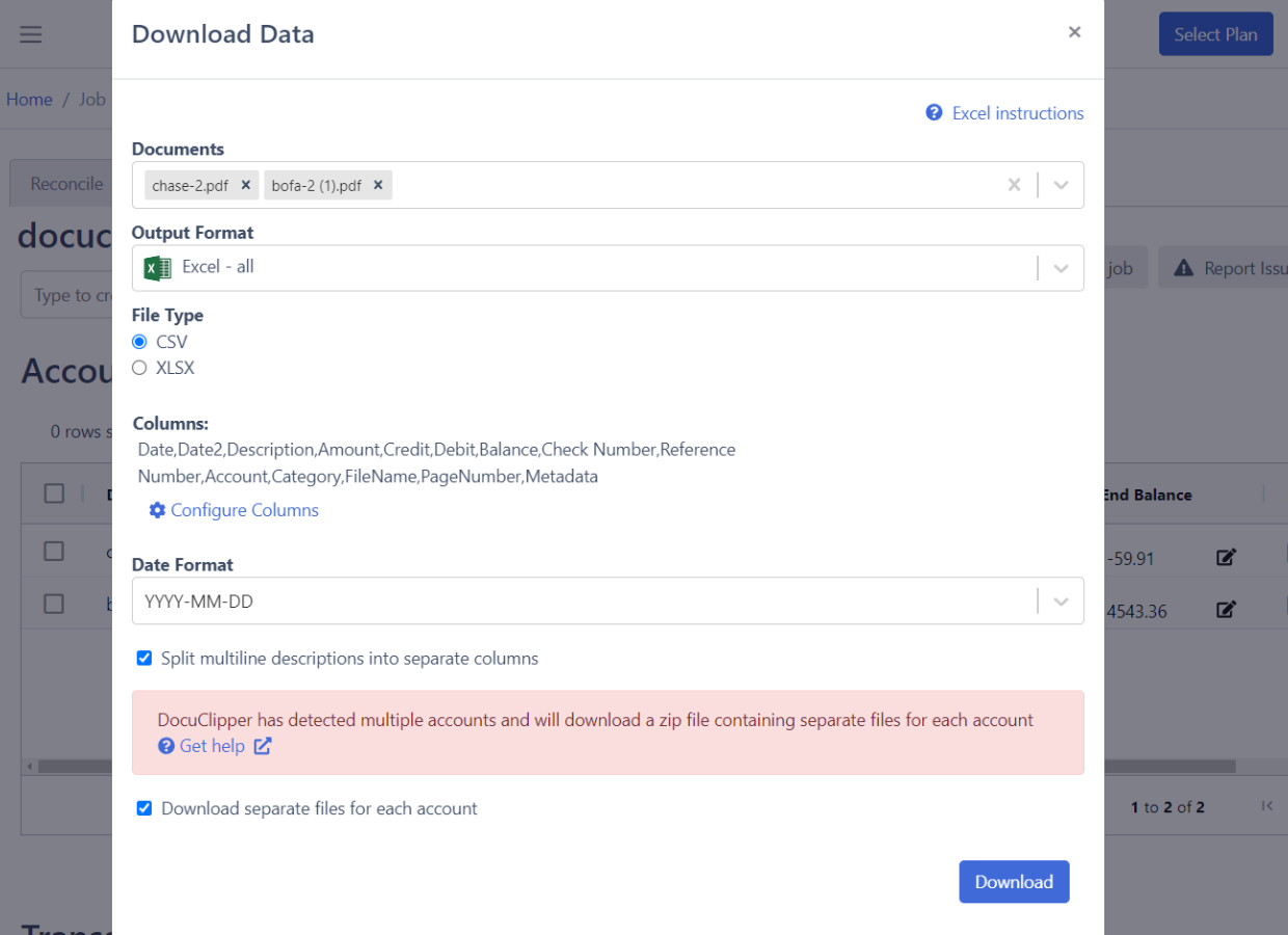 DocuClipper Bank Statement Converter Export Data