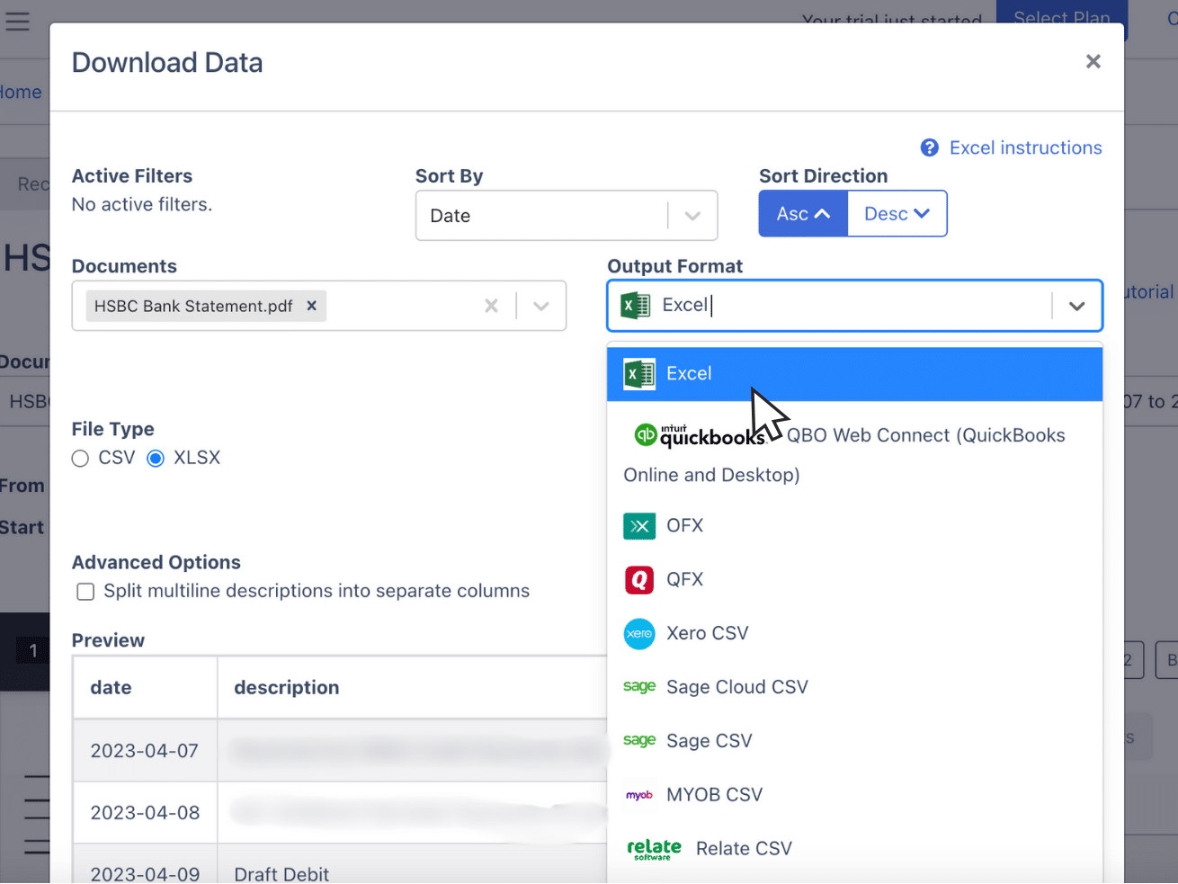 Download HSBC Bank Statement as Excel