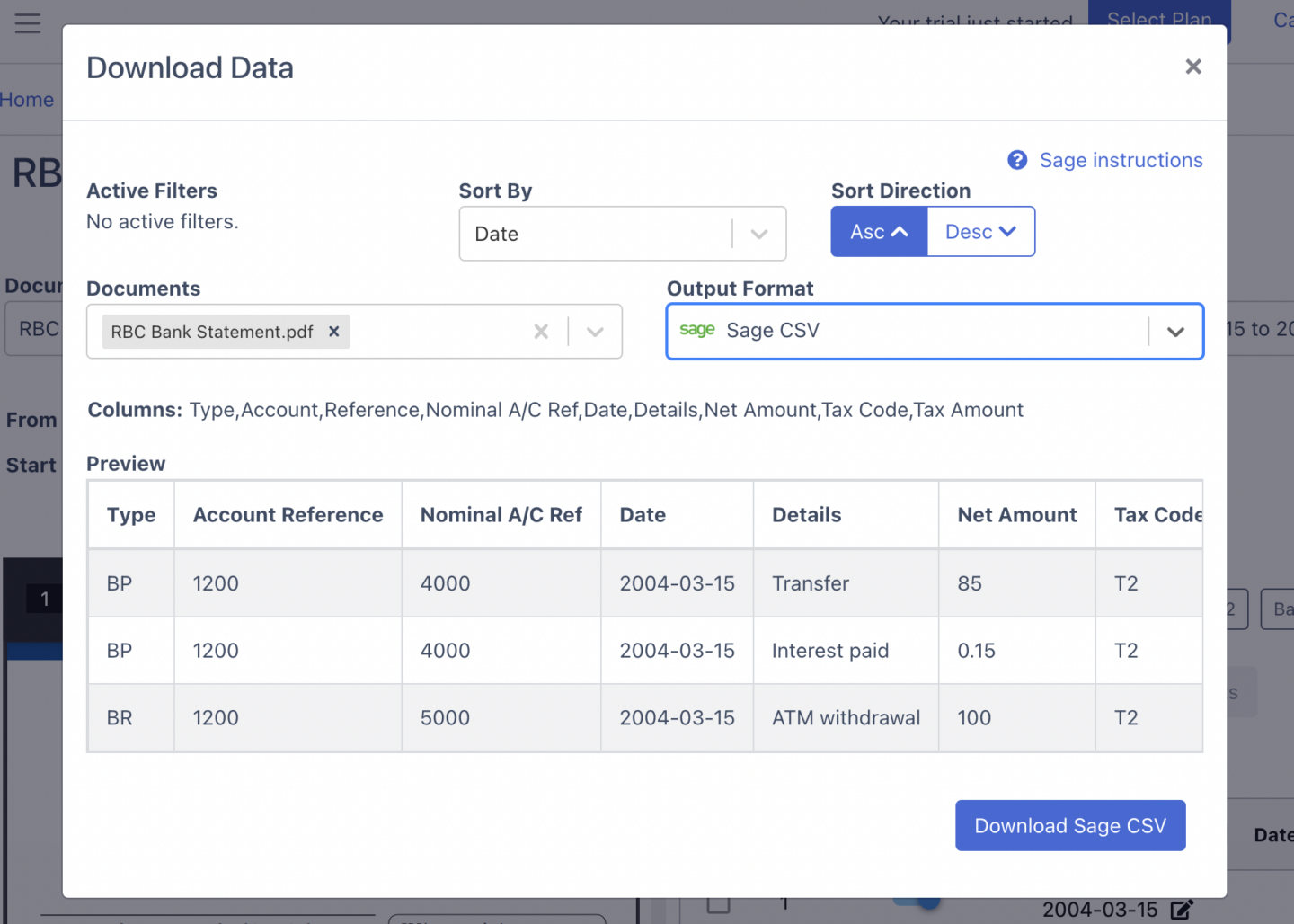 Download as CSV for Sage