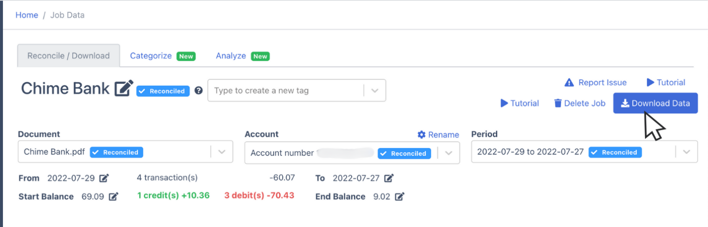 Download data of Chime Bank Statement