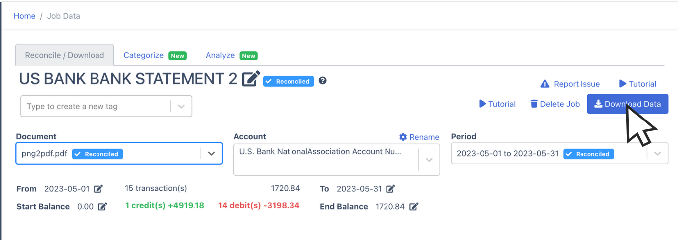 Download data of US Bank bank statement