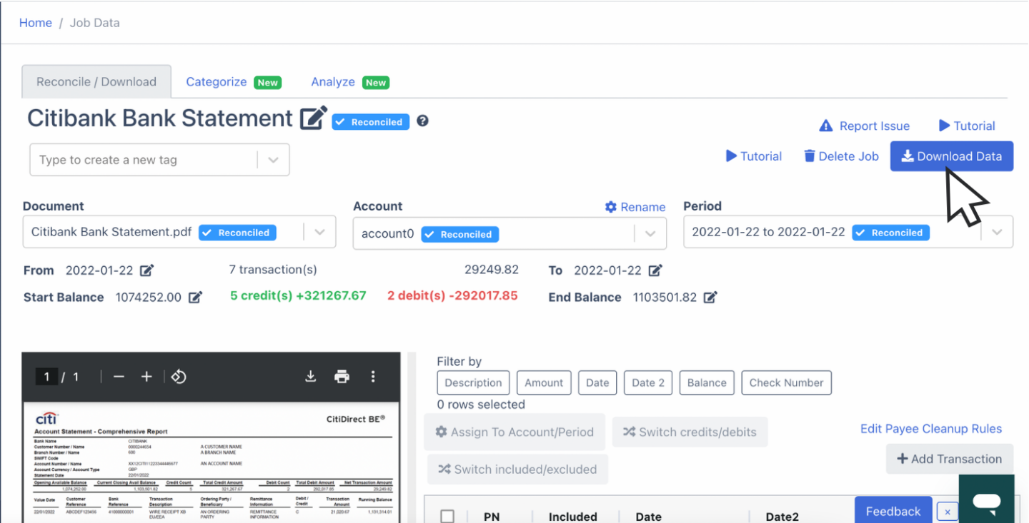 Download data of citibank bank statement