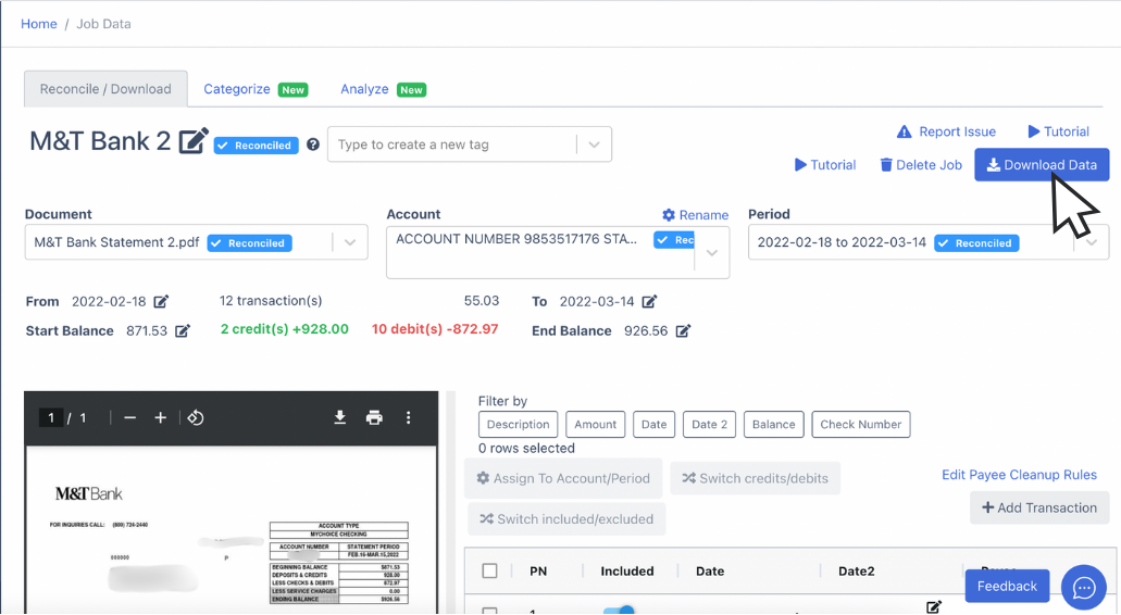 Download data of M&T bank statement