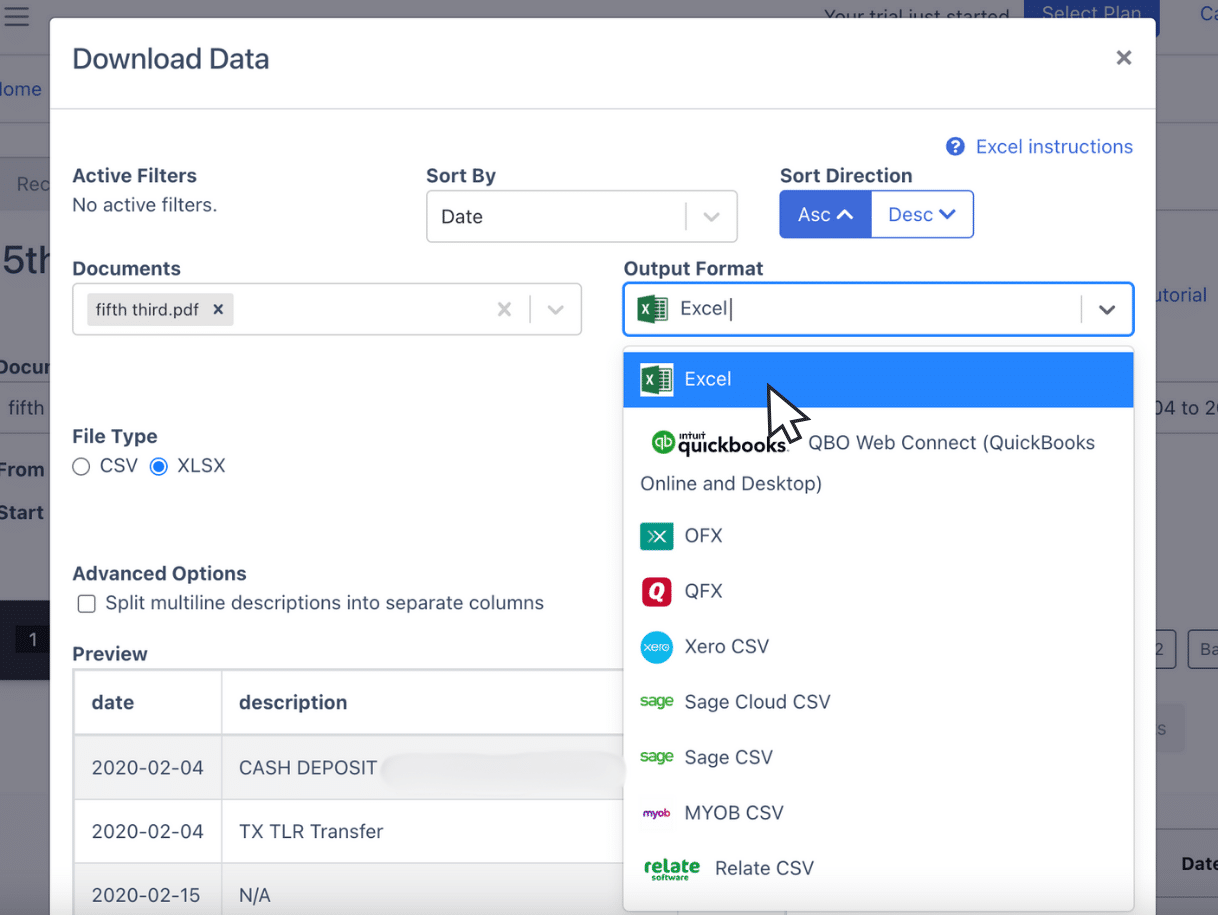 Download fifth third bank statement as Excel