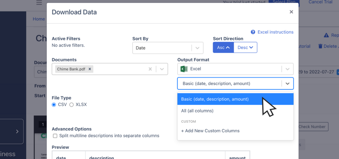 Edit Column format of Chime Bank Statement Spreadsheet