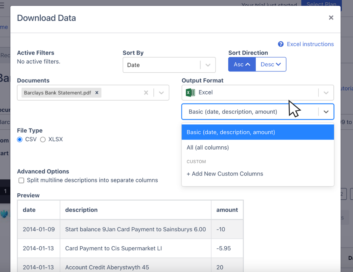 Edit columns of Barclays bank statement spreadsheet