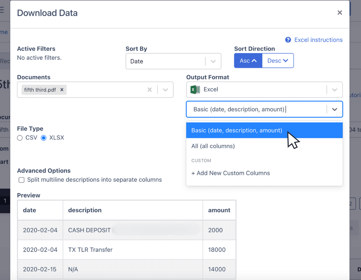 Edit columns of downloaded fifth third bank statement as Excel