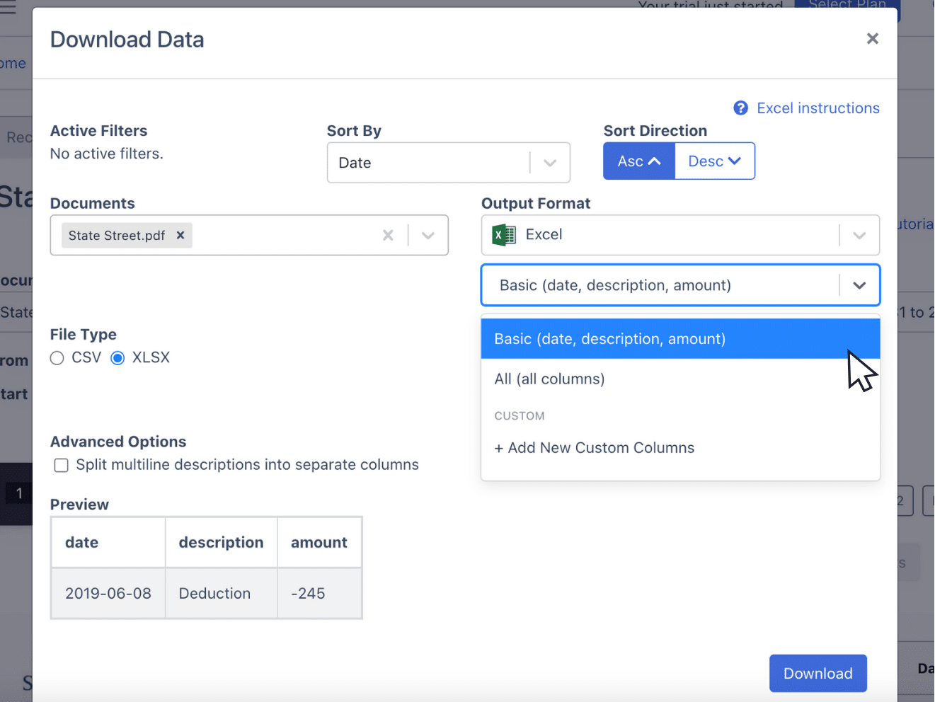 Edit columns of state street bank statement spreadsheet