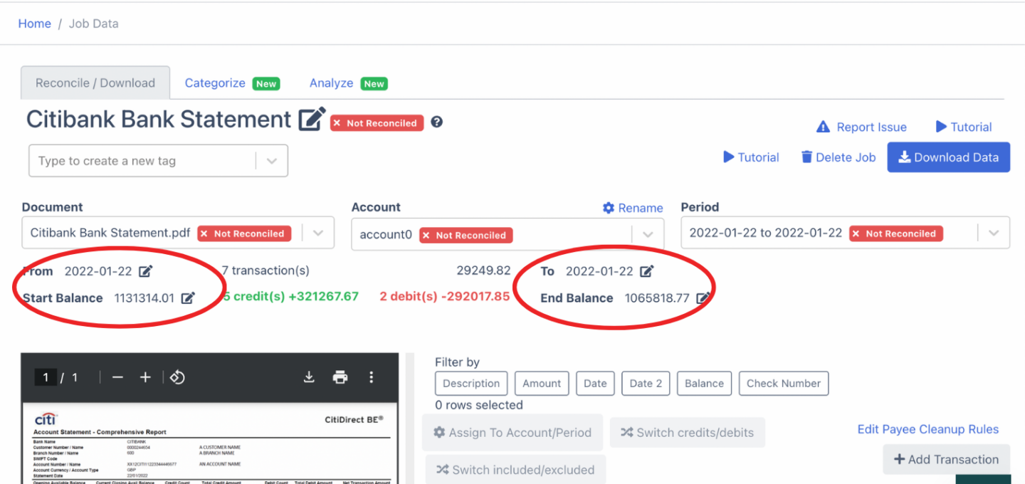 Edit fields of citibank bank statement to reconcile