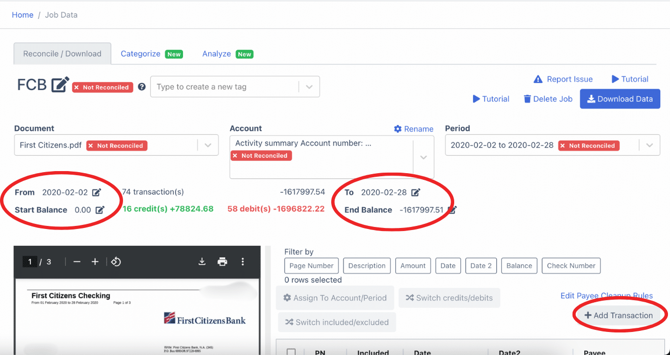 Edit fields of first citizens bank statement to reconcile