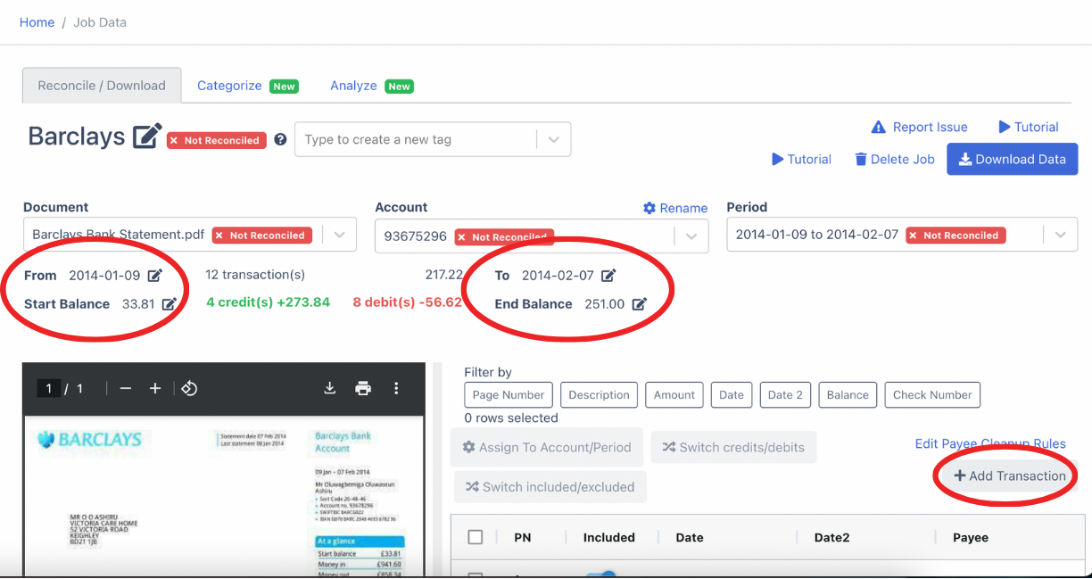 Edit fields to reconcile Barclays Bank Statement