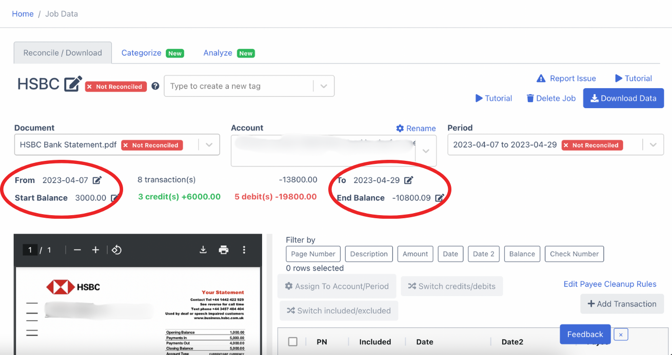 Edit fields to reconcile HSBC bank statement