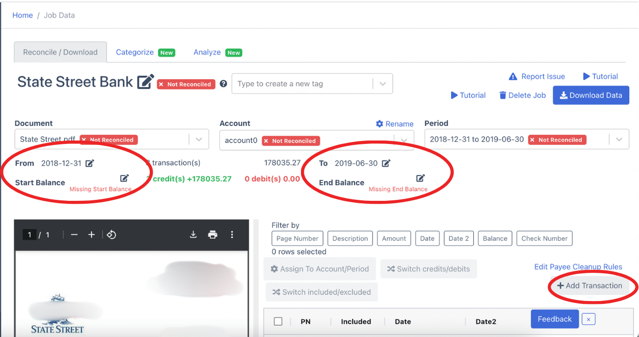 Edit fields to reconcile bank statement